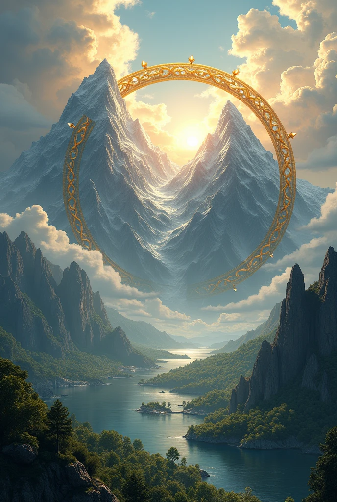 In an epic landscape, two massive mountains are cradled within a giant bra made of golden chains and shimmering jewels. The mountains rise majestically, their peaks piercing through the clouds, while the colossal bra stretches around them, appearing both grand and sturdy. The sky above is filled with dramatic clouds, with rays of sunlight streaming through, creating a stunning light effect. In the distance, a vast, calm sea can be seen, while around the base of the mountains, lush green forests and winding rivers complete the scene