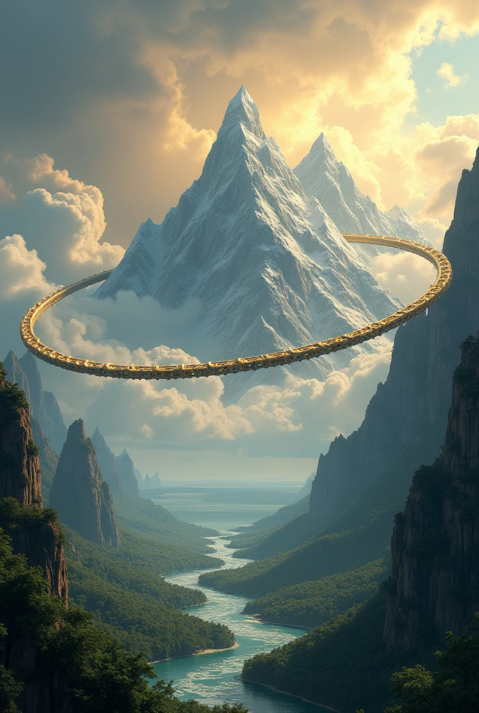 In an epic landscape, two massive mountains are cradled within a giant bra made of golden chains and shimmering jewels. The mountains rise majestically, their peaks piercing through the clouds, while the colossal bra stretches around them, appearing both grand and sturdy. The sky above is filled with dramatic clouds, with rays of sunlight streaming through, creating a stunning light effect. In the distance, a vast, calm sea can be seen, while around the base of the mountains, lush green forests and winding rivers complete the scene