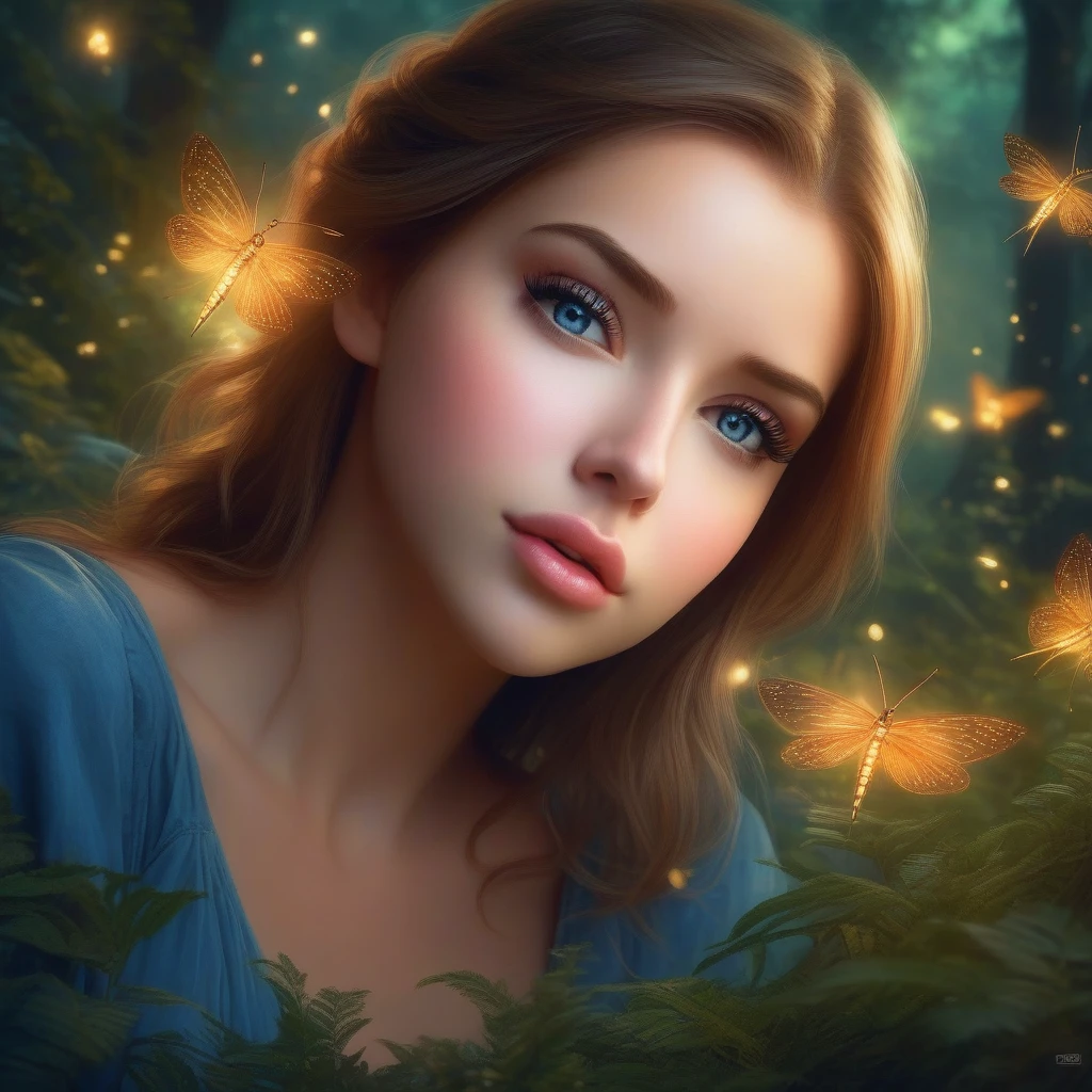 (masterpiece, best quality:1.2), 1girl, inpaint, blue eyes, beautiful detailed eyes, beautiful detailed lips, extremely detailed eyes and face, long eyelashes, delicate, serene expression, intricate fantasy landscape, magical forest, glowing fireflies, moonlight, ethereal, (best quality,4k,8k,highres,masterpiece:1.2),ultra-detailed,(realistic,photorealistic,photo-realistic:1.37),vibrant colors,dramatic lighting