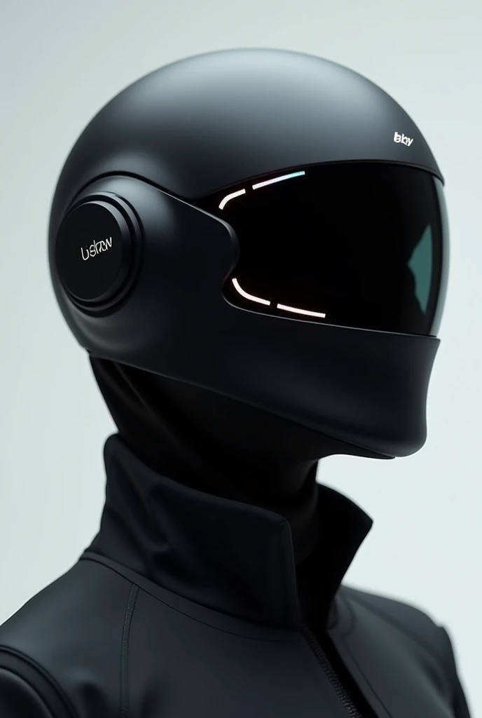 "A simple yet elegant futuristic techwear mask with a minimalist design. The helmet features smooth, clean lines and an automatically opening visor. The design emphasizes sophistication with a matte black finish, accented by subtle metallic or neon highlights. The overall look is modern, high-tech, and stylish, with a focus on elegance and simplicity, use Machine56 helmet as reference