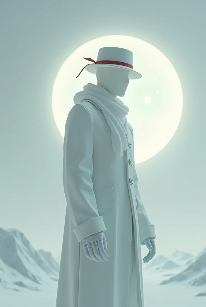 A man wears, white fedora hat with red small ribbon on the side of the hat, white glove, white suit, white glowing face, faceless, yin and yang symbol on behind above the moon, roblox, right view, void head, white winter scarf