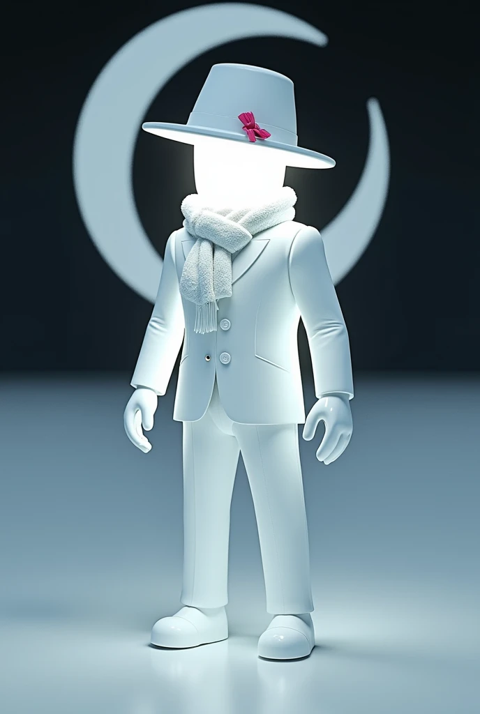 A man wears, white fedora hat with red small ribbon on the side of the hat, white glove, white suit, white glowing face, faceless, yin and yang symbol on behind above the moon, roblox, right view, void head, white winter scaft