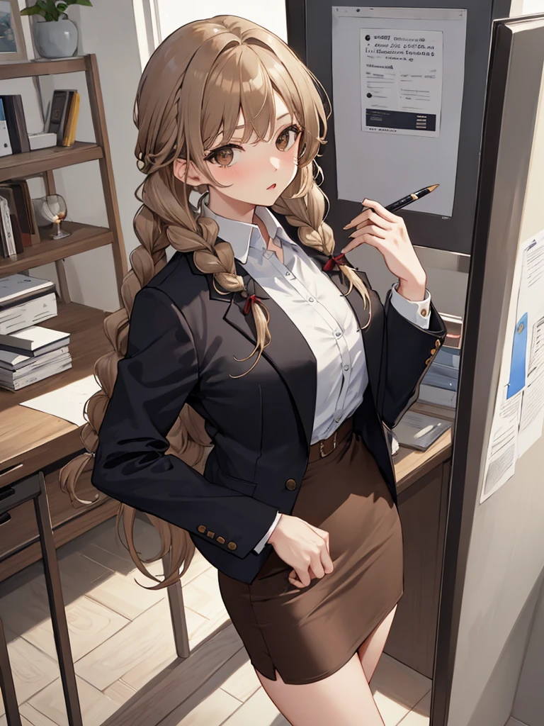 nsfw masterpiece, best quality, 1 girl, solo, teenager, large breasts, light brown eyes, bangs, brond hair, braids hair, office staff suit, jacket, pencil skirt, upper body, standing, office