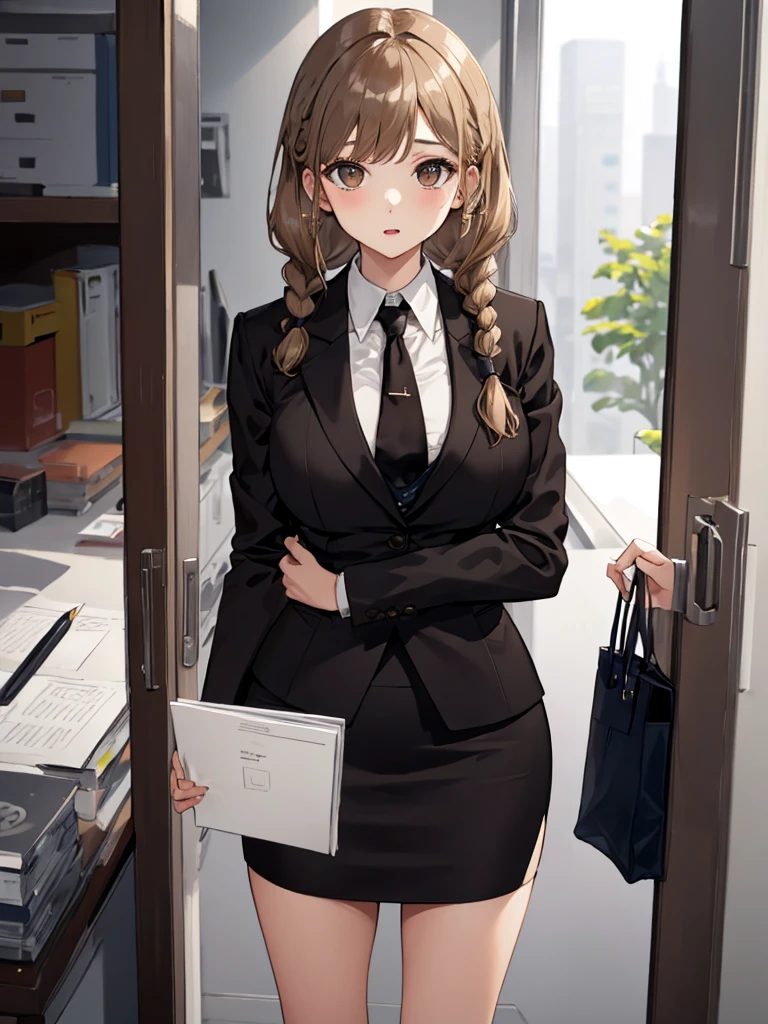 nsfw masterpiece, best quality, 1 girl, solo, teenager, large breasts, light brown eyes, bangs, brond hair, braids hair, office staff suit, jacket, pencil skirt, upper body, standing, office