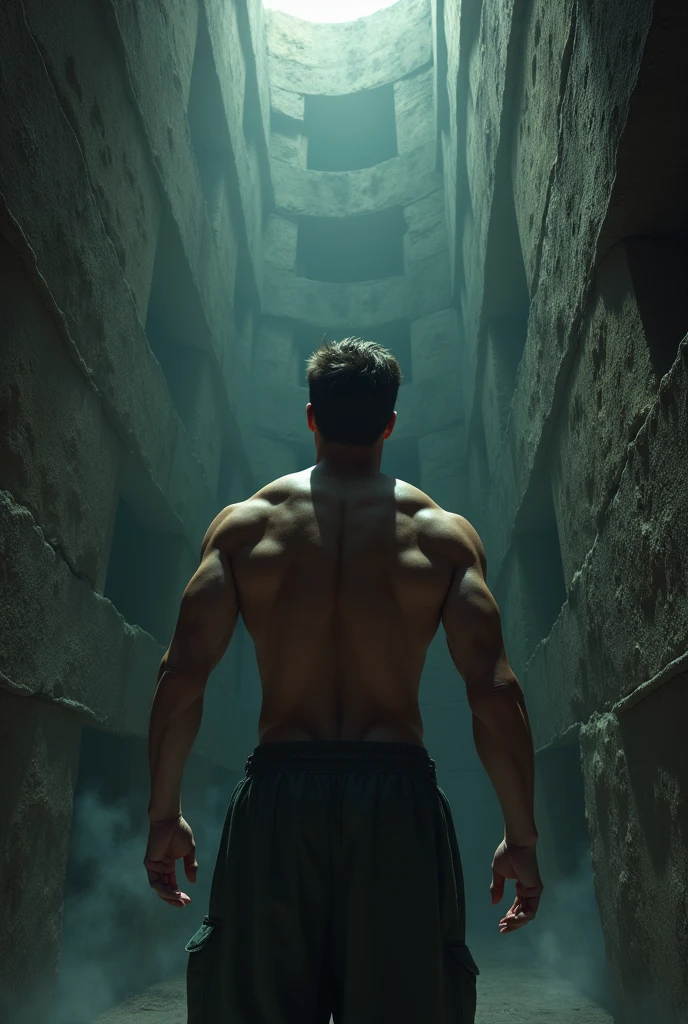 Create the image of a strong, young white man, he is trapped in a well-shaped prison, deep and wide and reach,
He is looking up, he has his back to the image