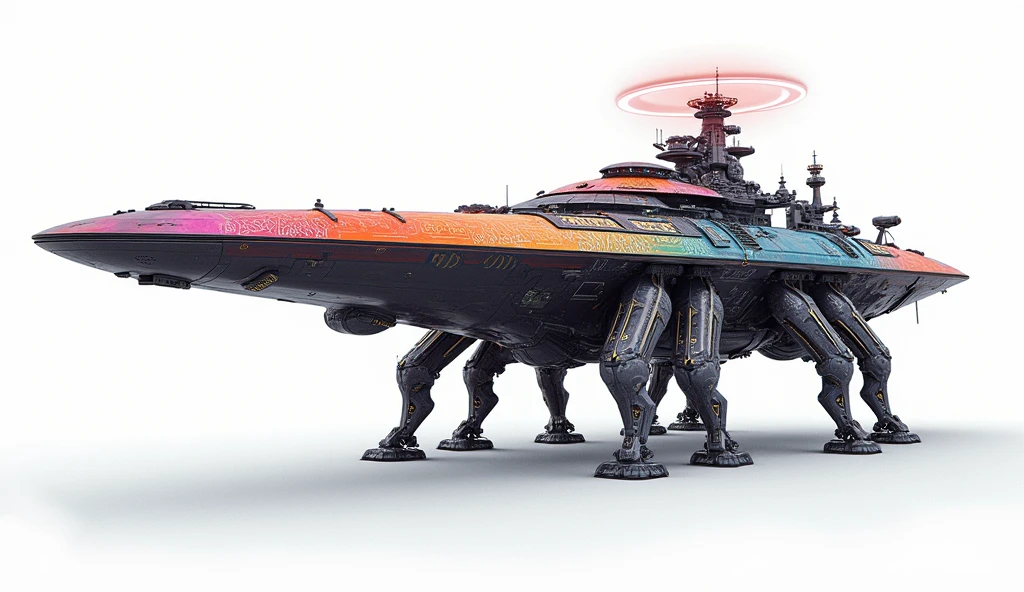 A long wide giant heavily armored divine futuristic flying all terrain biomechanical space battleship covered in rainbow batik pattern and glowing javanese runic symbols, multiple retractable cybernetic spider legs with wheels on the tip, divine halo, flying hovercraft, flying submarine, flying aircraft carrier, flying hotel, flying resort, flying city, flying skyscraper, flying cruise ship, flying yacht, flying castle, flying military base, multiple thrusters, multiple helipad, multiple propeller, mobile headquarters, mobile command center, automatic turrets, missile banks, missile defense system, multi-port rear engine arrays, large pivoted missile pods, anti-air batteries, reactive armour over vital spaces, VTOL thrusters, ventral ground-facing VTOL thruster bays, retractable center cannon, super carrier, sky carrier, space station, floating city, floating castle, white background