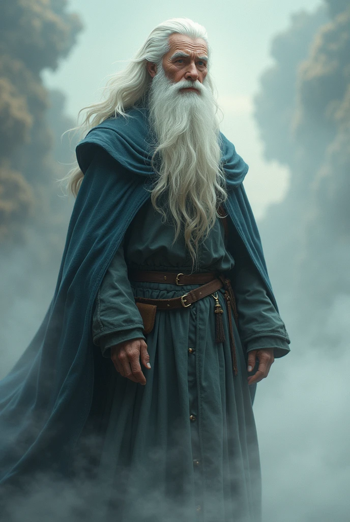 Create a full-body image of a man with long, white hair.