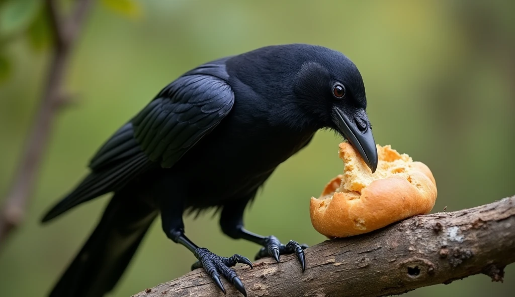 With crow bread: A close-up image of a crow perched on a tree branch, with a piece of bread clearly visible in its mouth, happily eating it.