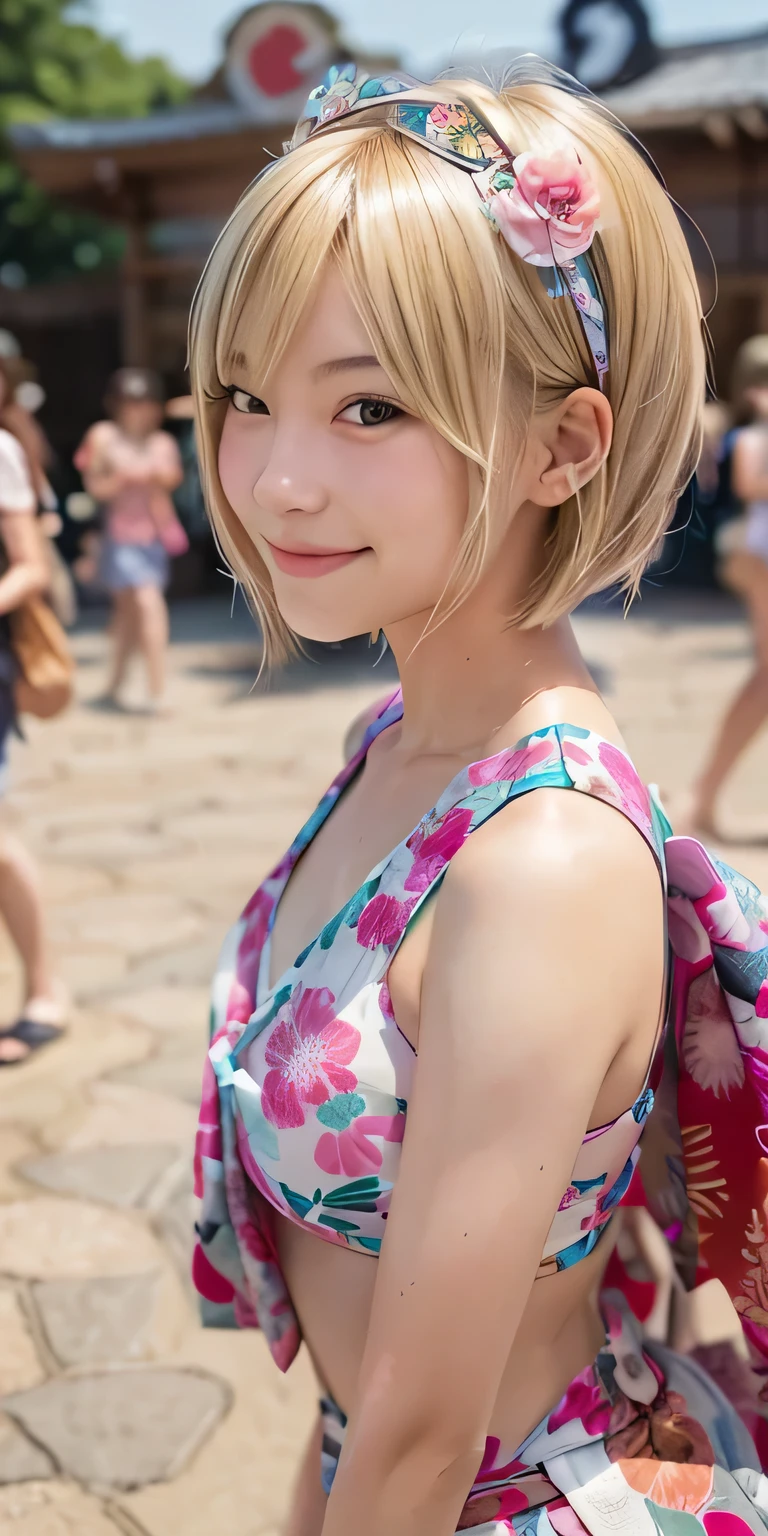 Shortcuts，Blonde girl，smile，Background summer festival,　smile，Red yukata