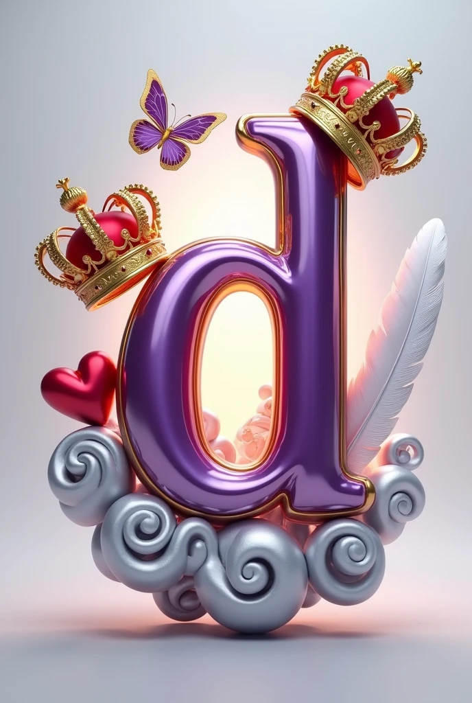 A 3d render of the a letter "D" in a purple and gold metallic font with golden British crowns above both letters and a white feather and butterfly, with a light shine behind the letter, and a silver swirl underneath. A red heart , The background is a light gray.