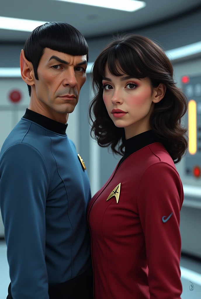  Dr Spock Dr Star trek next to a girl with dark brown wavy mid-length hair, with bangs, With dark brown almond-shaped eyes and a pinkish complexion , thin red lips and with the medical uniform.  the Star Trek 