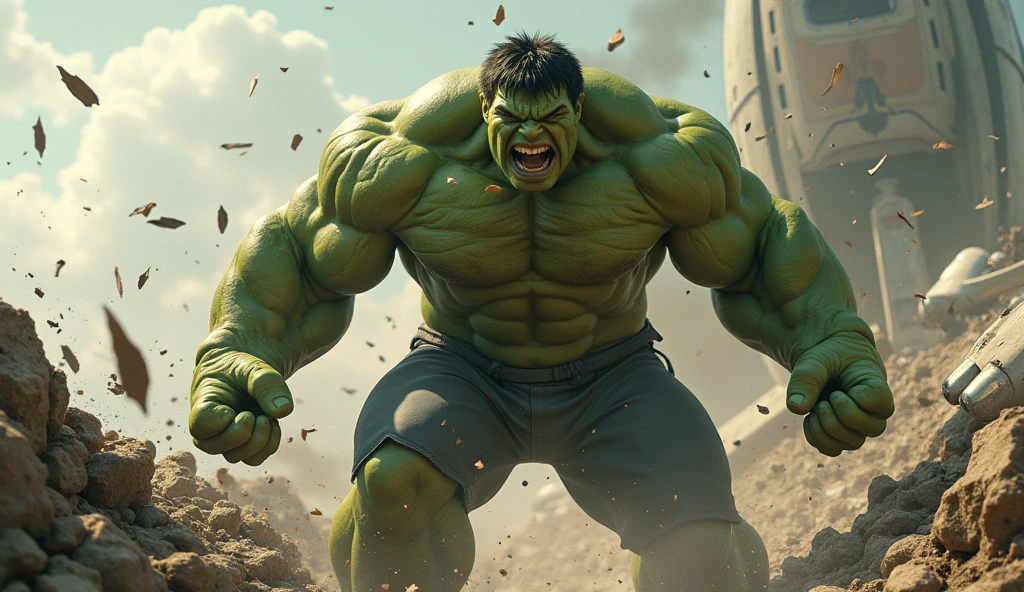 1850's Marvel Avengers character, hulk , vintage hulk smashing spaceship, realistic, realistic character, vintage, vintage character, vintage background, male, destruction in background, highly detailed, extremely detailed, 8k, masterpiece, ultra-detailed, photorealistic, hdr, studio lighting, physically-based rendering, extreme detail description, vivid colors, dramatic lighting, cinematic, epic