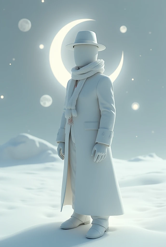 A man wears, white fedora hat with red small ribbon on the side of the hat, white glove, white suit, white glowing face, faceless, yin and yang symbol on behind above the moon, roblox, right view, void head, white winter scarf