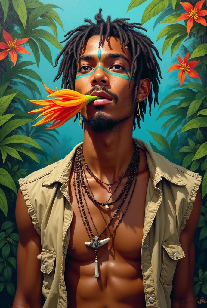 Portrait painting of a young white indigenous man with a bone in his nose.Cheveux court avec des locks portant un bandeau de peinture sur les yeux .Tribal face tattoo. Avec un collier de dent de requin autour du coup. Bare chested in the jungle in a ripped beige sleeveless cotton jacket. Holding a flower in mouth very colorful tropical