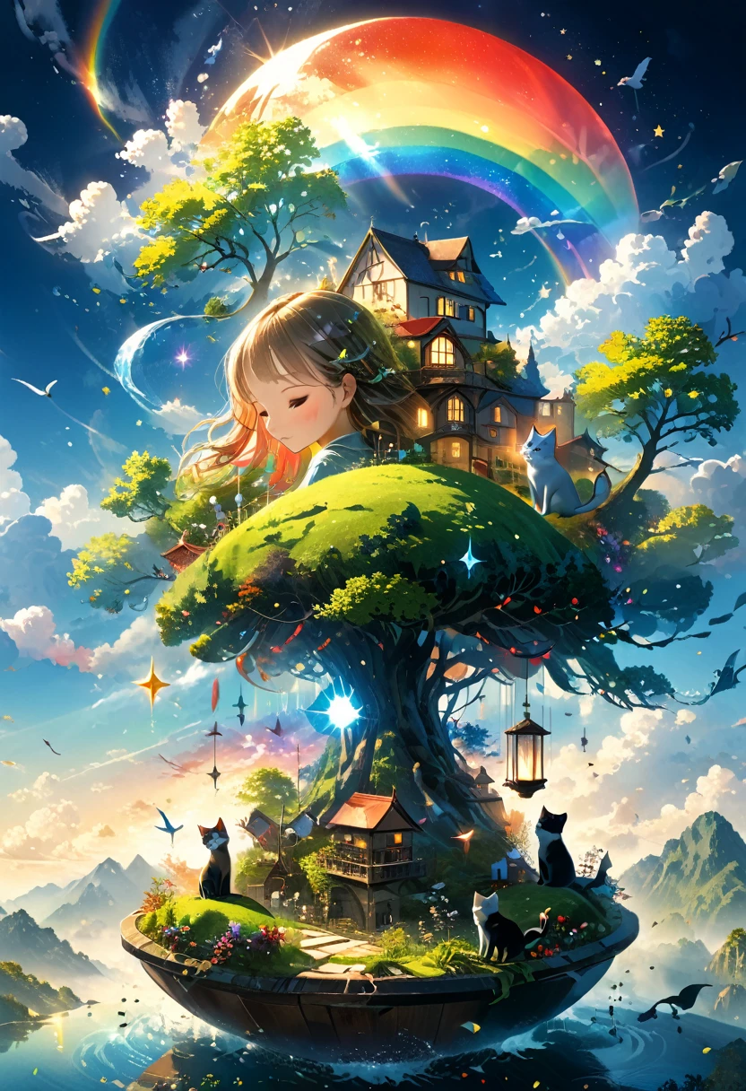 (Panorama, center, masterpiece, Highest quality: 1.2), (8k, RAW Photos, Highest quality), ((masterpiece:1.2)), Genuineistic, Ultra-high resolution, High Contrast, Photon Mapping, Bright colors, Genuine, Very detailedな, Very detailed, RAW Photos, Genuine, Official Art, RAW Photos, Professional Lighting, Light, Professional Writing, twiceLight, Vivid atmosphere, High-definition CG, ユニティ8k),and kitten、View the water clock and sundial that represent eternity。The world is made up of heaven and earth。The world is made of light and darkness。A scene that evokes a happy recipe, A warm future。I sense a wonderful future。Feel the swell of a new world in the silence。Captivating natural beauty,Shining Star Fragment, An atmosphere that exudes the excitement of adventure。A happy and fun atmosphere。High Fantasy Worldview,　Great compositionや比率が美しく描写, Guardian nebula of rainbow light and silvery vapor, Corrosion Surrounding Ray Family Color, Slimy air, Great composition, Epic scale,