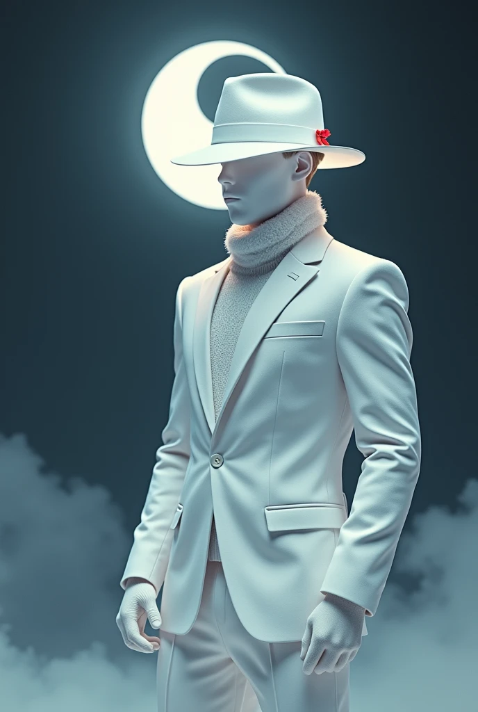 A man wears, white fedora hat with red small ribbon on the side of the hat, white glove, white suit, white glowing face, faceless, yin and yang symbol on behind above the moon, roblox, right view, void head, white winter scaft