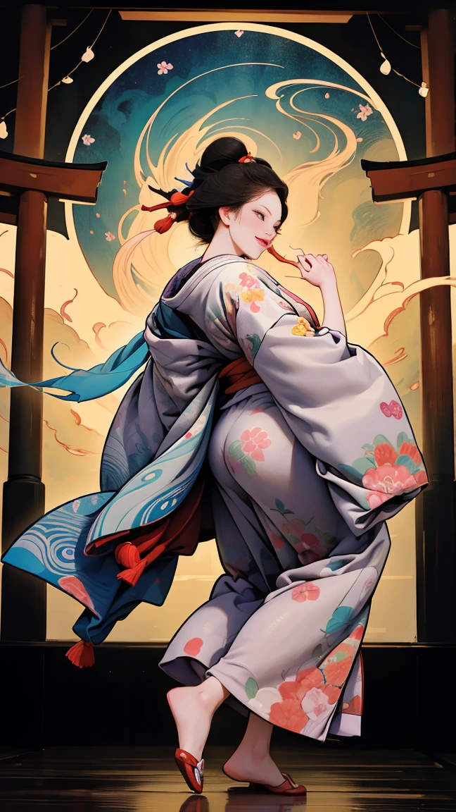(SeaArt creates stunning digital illustrations of beautiful women in kimono)、Vividly colored Japanese Ukiyo-e style illustrations、A beautiful woman smiles and shows her upper white teeth、Brown-black long hair、Beautiful full body style、Dance, dance, dance, dance, dance, dance, dance, dance, dance, dance,、Beautiful new digital paintings,、Bright vibrant digital anime art、 Beautiful anime portraits、The background is the torii gate of a Japanese shrine.、Detailed digital anime art、