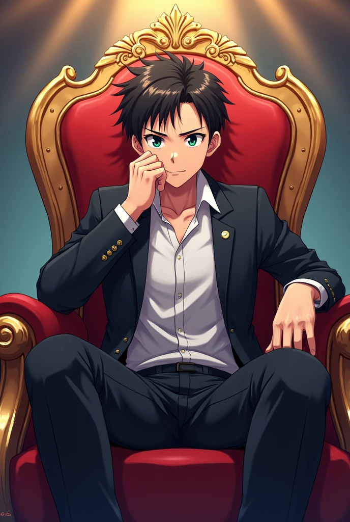 The arrogant young man sat on the throne. He crossed his legs, tilted his head on his raised right hand, and looked down on him with disdainful eyes ,anime.