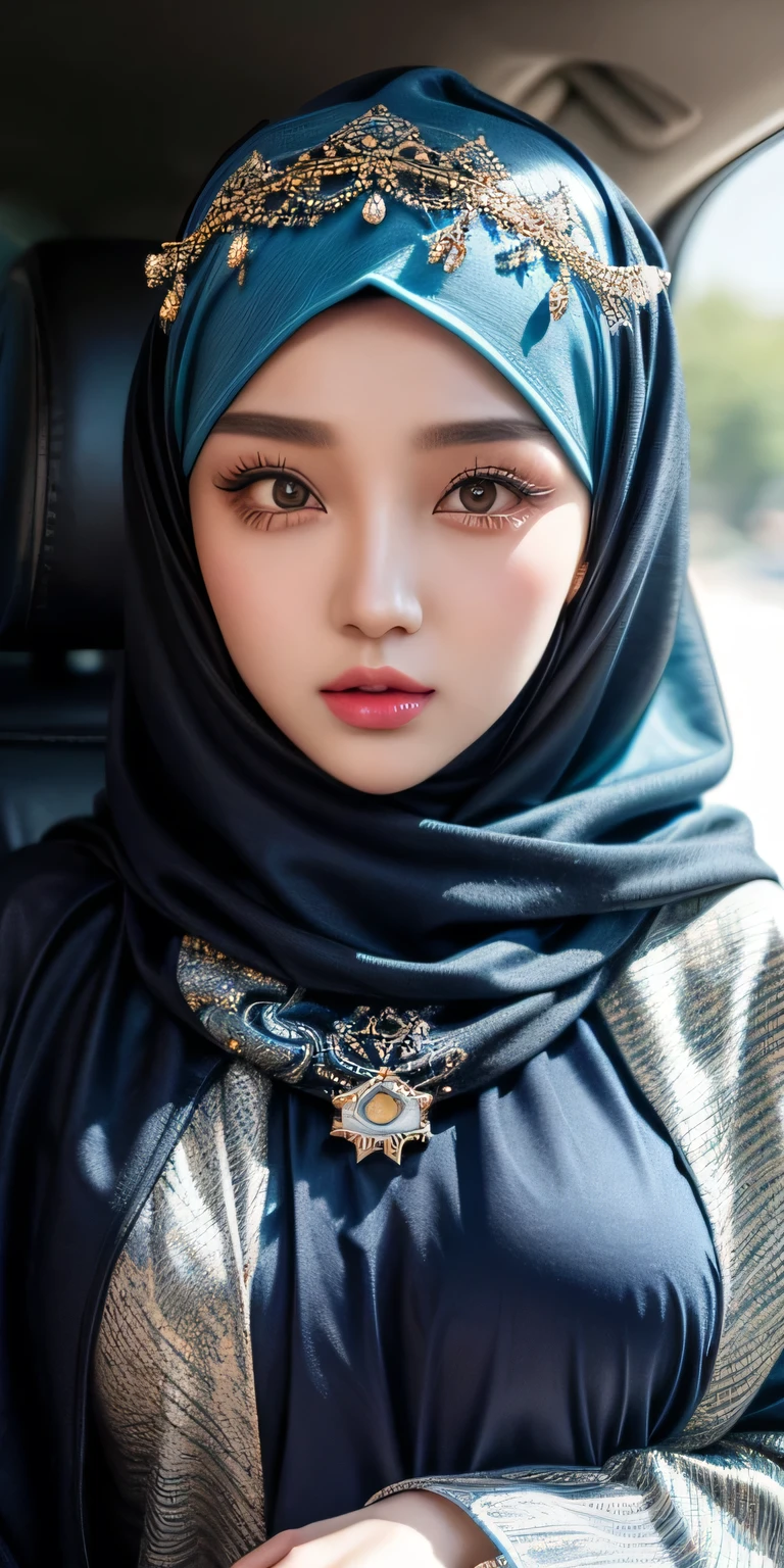Kazakhtan cute girl, beautiful girl in hijab, 1 girl, perfect face, expressive eyes, softlens, makeup, eyeshadow, eyeliner, luxurious hijab, patterned hijab, hijab decoration, brooch, shiny lips, driving