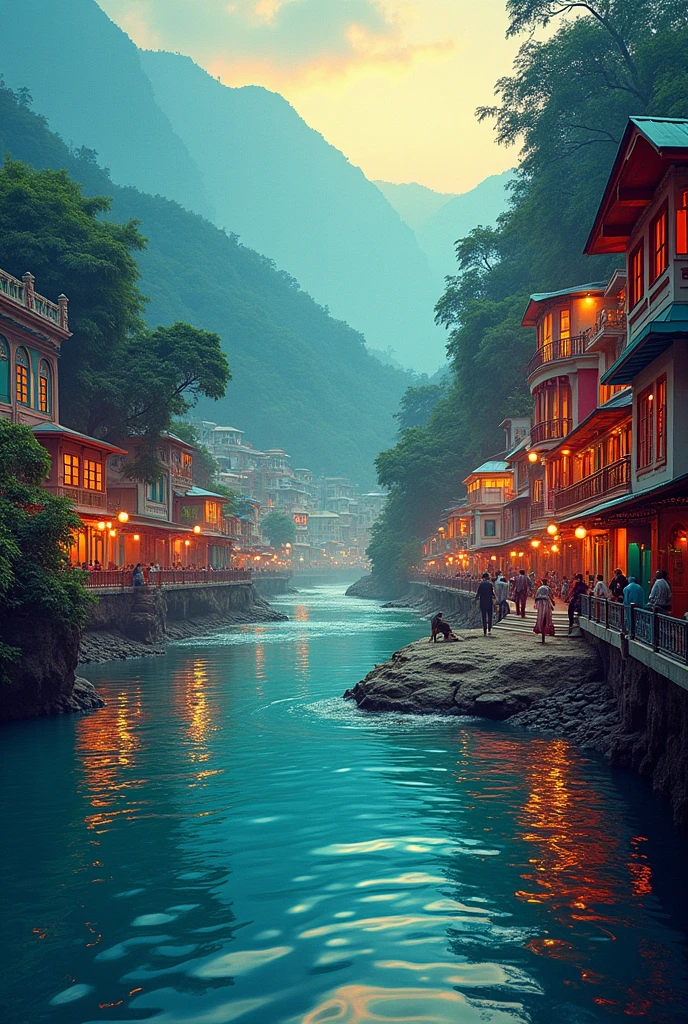 Give me a background image which is abstract and has a touch of rishikesh along with bollywood theme
