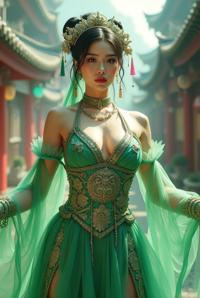 Chinese girl with coins gold , thick body, curvy body, curvy waist, big breast, white skin, gorgeous costumes embroidered with intricate embroidery, exposed breasts, flowing tulle, transparent long colorful ribbons tied on the arms, inspired by chinese movie, showing navel, bare shoulders, bare neck, hair in a high bun with flower hairpins, ribbons on arm rings, wreaths, bracelets, anklets, high heels, metal chain tassels on the waist, Mogao Grottoes art, ink painting, cgstation pop, in the city, ((fullbody)), ((super realistic)), green, green, green