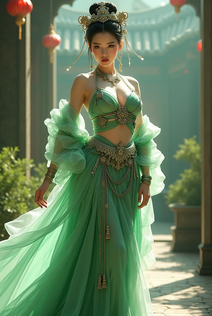 Chinese girl with coins gold , thick body, curvy body, curvy waist, big breast, white skin, gorgeous costumes embroidered with intricate embroidery, exposed breasts, flowing tulle, transparent long colorful ribbons tied on the arms, inspired by chinese movie, showing navel, bare shoulders, bare neck, hair in a high bun with flower hairpins, ribbons on arm rings, wreaths, bracelets, anklets, high heels, metal chain tassels on the waist, Mogao Grottoes art, ink painting, cgstation pop, in the city, ((fullbody)), ((super realistic)), green, green, green