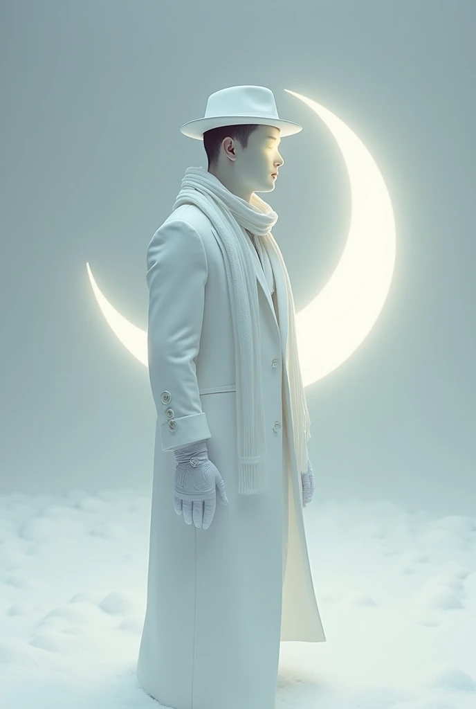 A man wears, white fedora hat with red small ribbon on the side of the hat, white glove, white suit, white glowing face, faceless, yin and yang symbol on behind above the moon, roblox, right view, void head, white winter scarf