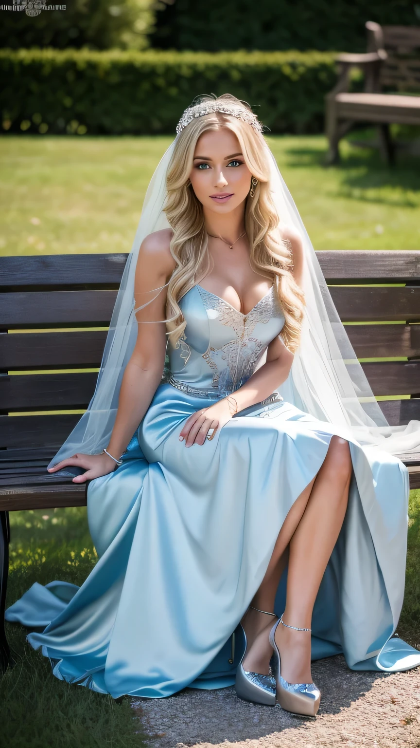 Realistic full body photo of a blonde with long hair, open mouth. astonished. She dances in front of the camera in a long A-line dress with straps made of shiny blue-silver satin., Park,glamour fotoshooting, Wedding celebration, perfect anatomy, perfect blue eyes. Perfect hands with 5 fingers on each hand, Matching girl, look into the camera, 1 Frau. (Eye make up:1.1), (highly detailed skin:1.1), spirit, analog style, keen focus, 8K UHD, dslr, good quality, Fujifilm XT3, Grain, Award-winning, masterpiece. Wedding celebration. She sits on a bench and shows her beautiful long dress. Beautiful shoes