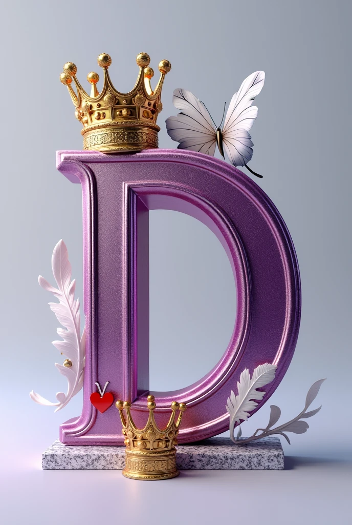 A 3d render of the a capital letter "D" in a purple and gold metallic font with golden British crowns above both letters and a white feather and butterfly, with a light shine behind the letter, and a silver swirl underneath. A red heart , The background is a light gray.