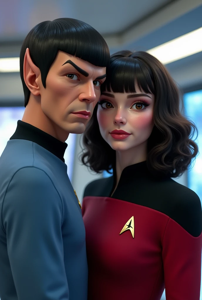  Dr Spock Dr Star trek next to a girl with dark brown wavy mid-length hair, with bangs, With dark brown almond-shaped eyes and a pinkish complexion , thin red lips and with the medical uniform.  the Star Trek 