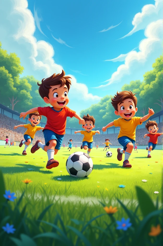 Illustration of boys playing football cheerfully on the field