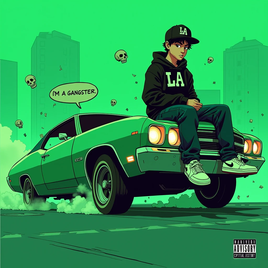 Image of a man sitting on the bonnet of a car, Yoshihiko Wada's album cover, winner of the behance contest, Doodle, official artwork, rap album cover, hip - hop album art cover, colored album art, hip hop music album cover, rap album cover art, official fanart, GTA Cover, hip hop album cover, album art cover, Cartoon character, oriental boy, Running car, Green background, green tea, Deep pressed black LA ball cap, white nike shoes, Black LA Hoodie, Baggy jeans worn down, black neighborhood, Skull, drug, The city seen from behind, korean, white smoke, Headlight light, Troublemakers, Bad boy, A lot of money flying around, Write I'm a gangster like a character speech bubble, mischievous expression