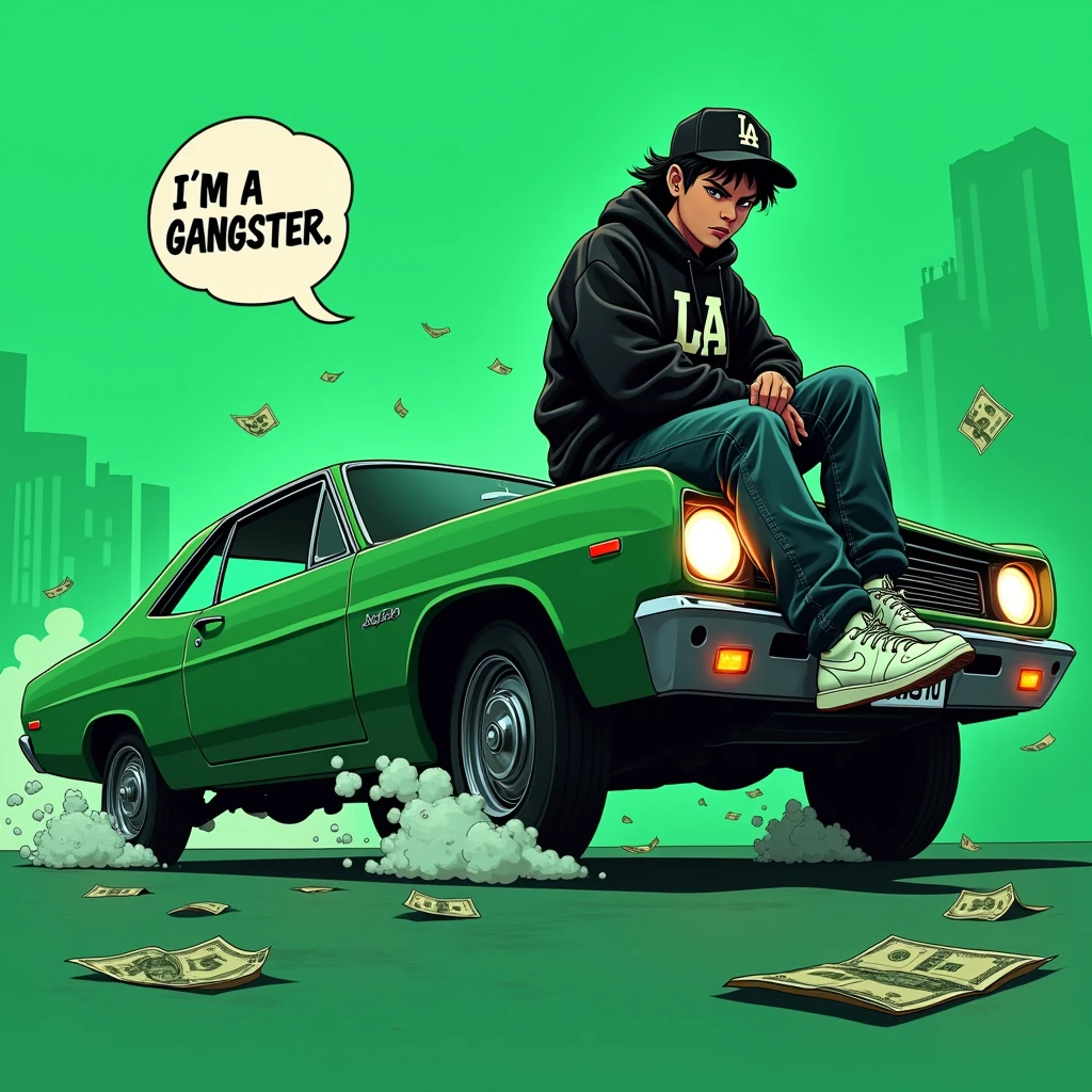 Image of a man sitting on the bonnet of a car, Yoshihiko Wada&#39;s album cover, winner of the behance contest, Doodle, official artwork, rap album cover, hip - hop album art cover, colored album art, hip hop music album cover, rap album cover art, official fanart, GTA Cover, hip hop album cover, album art cover, Cartoon character, oriental boy, Running car, Green background, green tea, Deep pressed black LA ball cap, white nike shoes, Black LA Hoodie, Baggy jeans worn down, black neighborhood, Skull, drug, The city seen from behind, korean, white smoke, Headlight light, Troublemakers, Bad boy, A lot of money flying around, Write I&#39;m a gangster like a character speech bubble, mischievous expression