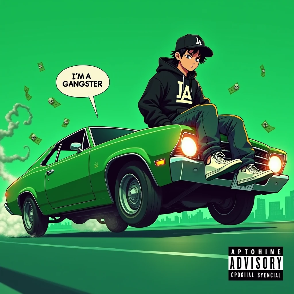 Image of a man sitting on the bonnet of a car, Yoshihiko Wada's album cover, winner of the behance contest, Doodle, official artwork, rap album cover, hip - hop album art cover, colored album art, hip hop music album cover, rap album cover art, official fanart, GTA Cover, hip hop album cover, album art cover, Cartoon character, oriental boy, Running car, Green background, green tea, Deep pressed black LA ball cap, white nike shoes, Black LA Hoodie, Baggy jeans worn down, black neighborhood, Skull, drug, The city seen from behind, korean, white smoke, Headlight light, Troublemakers, Bad boy, A lot of money flying around, Write I'm a gangster like a character speech bubble, mischievous expression