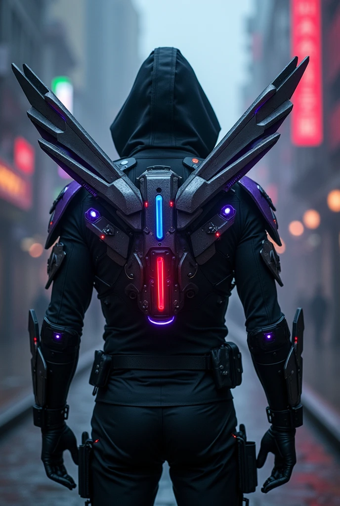 A man stands with his back to the viewer, dressed in futuristic tactical gear. His outfit is a blend of modern armor designs and high-tech elements, primarily in black, with accents of purple, silver, neon blue, and red. On his back, he has mechanical wings made of gleaming metal, adorned with neon lights that glow in blue and red. The wings are intricately designed, with a touch of futuristic technology. The man is wearing a hood pulled low over his head, keeping his face hidden in shadow. The scene is dark and mysterious, with a slight futuristic glow from the neon lights