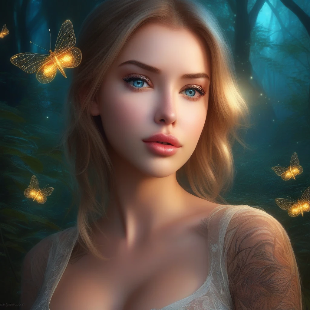 (masterpiece, best quality:1.2), 1girl, inpaint, blue eyes, beautiful detailed eyes, beautiful detailed lips, extremely detailed eyes and face, long eyelashes, delicate, serene expression, intricate fantasy landscape, magical forest, glowing fireflies, moonlight, ethereal, (best quality,4k,8k,highres,masterpiece:1.2),ultra-detailed,(realistic,photorealistic,photo-realistic:1.37),vibrant colors,dramatic lighting