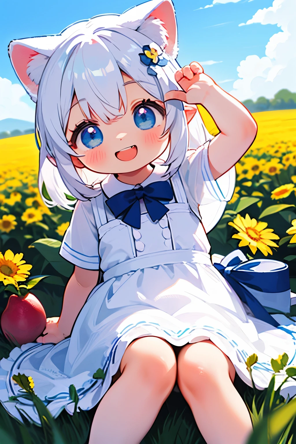 anime、pastel、Cute Asian Kid、Small child、、Very short、Baby Face、Laughing with your mouth open、Happy smile、Showing teeth、Double teeth、Indigo and white hair color、Braided Short、Flower Hair Ornaments、Small animal ears、drooping ears、Fluffy animal tails、azure blue eyes、Odd Eye、Cute eyes、Wide open eyes、Light in your eyes、Cheeky cheeks、Pure white dress、Floral Skirt、Skirts with ruffles、Put your arm out、Put your feet up、Plump thighs、Cute Girlfriend、happy、really like、Frolic innocently、Heart on screen、Pear-shaped、lunch time、Flower Field