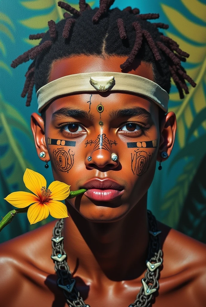 Portrait painting of a young white indigenous man with a bone in his nose.Cheveux court avec des locks portant un bandeau de peinture sur les yeux .Tribal face tattoo. Avec un collier de dent de requin autour du coup. Holding a flower in mouth very colorful tropical