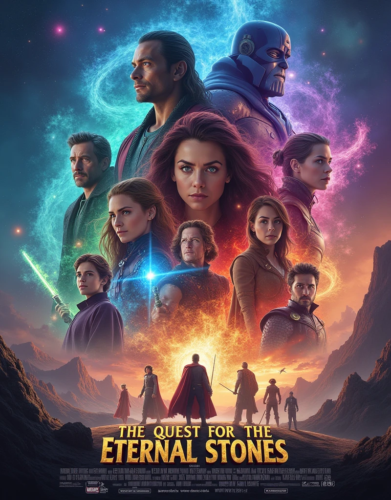 Generate me a movie poster from this fictional story with the actor's name : Especially Devocelle, Amandine Fernandes, Valentin Marqués and Cloé Giudicci
"Title : The Quest for the Eternal Stones Prologue : The Call of Master Yoda In a universe where magic, science and legends meet, Master Yoda meditates in the tranquility of an isolated world. Suddenly, a disturbance in the Force causes him to straighten up. The Infinity Stones, hidden for millennia in the elven realm of Valinor, were stolen. Yoda senses the evil presence of Darth Vader, Sauron, Thanos, and Voldemort. Realizing the magnitude of the danger, he decides to bring together an alliance of heroes from the four corners of this fractured universe.
Act 1 : The Alliance of Heroes Master Yoda travels through dimensions to recruit the heroes needed for this quest.. He first goes to Middle-earth and contacts Gandalf the White. Ensemble, they persuade Aragorn, Legolas and Gimli to join them.
De is, Yoda voyage à Hogwarts et rencontre Harry Potter, Hermione Granger et Ron Weasley, explaining to them the urgency of the situation. Afterwards, he goes to Earth, where Doctor Strange, as guardian of realities, joins them with the Avengers, including Thor, Iron Man et Captain America.
Yoda, with the help of Doctor Strange and his dimensional portals, finally heads to a distant galaxy, very far away, to enlist Luke Skywalker and Leia Organa in the coming battle.
Act 2 : The Quest Begins The team learns that the four antagonists have taken the stones to different dimensions to protect them.. Doctor Strange opens portals to these dimensions, each portal leading to a unique challenge where a stone resides.
1. The Wizarding World (Hogwarts)
The first stone, the Stone of Power, is guarded by Voldemort in the depths of the Forbidden Forest. Harry and his friends, helped by Gandalf and Yoda, face magical creatures and Mang