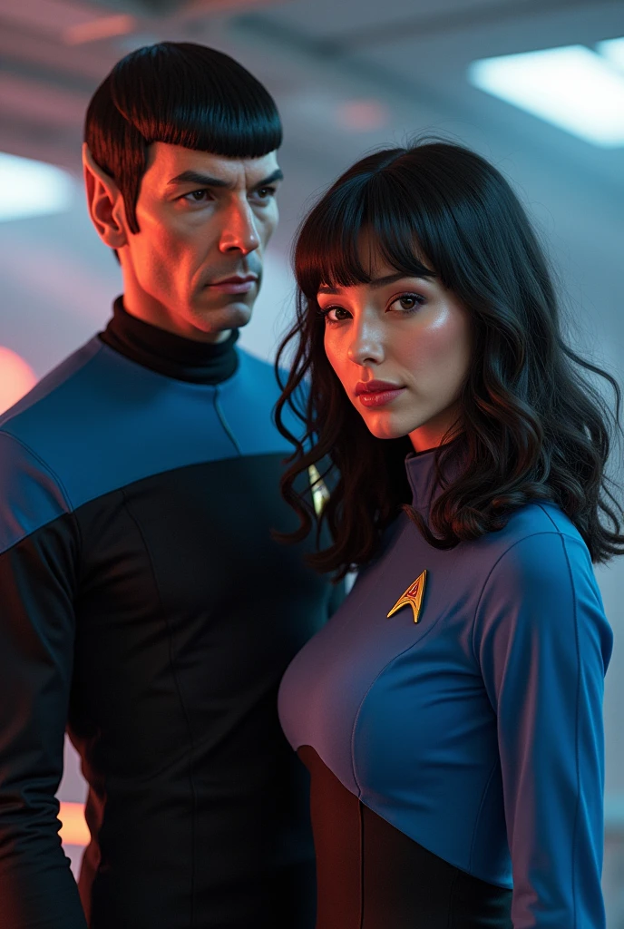  Dr Spock Dr Star trek next to a girl with dark brown wavy mid-length hair, with bangs, With dark brown almond-shaped eyes and a pinkish complexion , thin red lips and with the medical uniform.  the Star Trek 