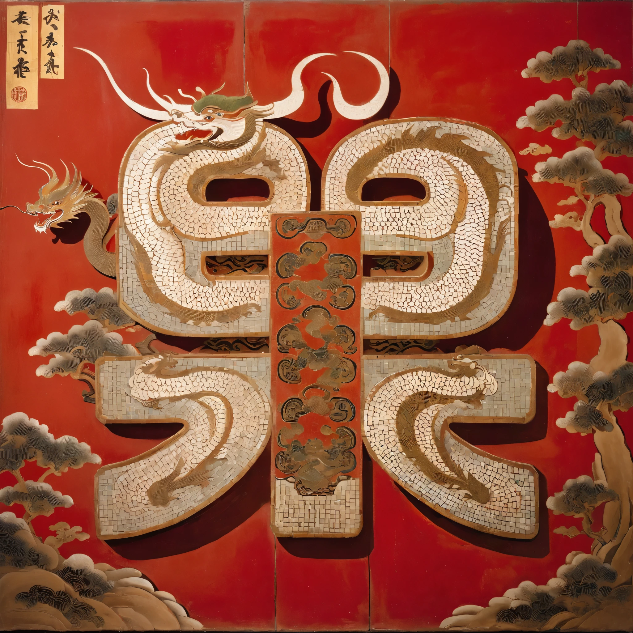 A dragon on a red background,There is a cut panel in the background, Japanese Art Museum, Dark white and light brown, Elegant and balanced, Standard collection, song huizong, Song Dynasty, Mosaic, Flat composition