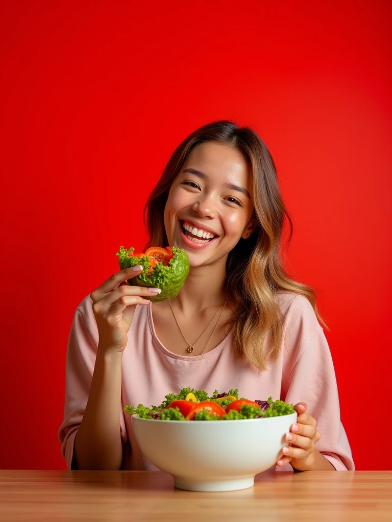 girl+salad+red background+smile