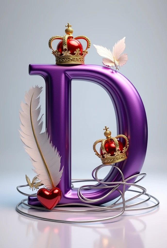 A 3d render of the a capital letter "D" in a purple and gold metallic font with golden British crowns above both letters and a white feather and butterfly, with a light shine behind the letter, and a silver swirl underneath. A red heart , The background is a light gray.