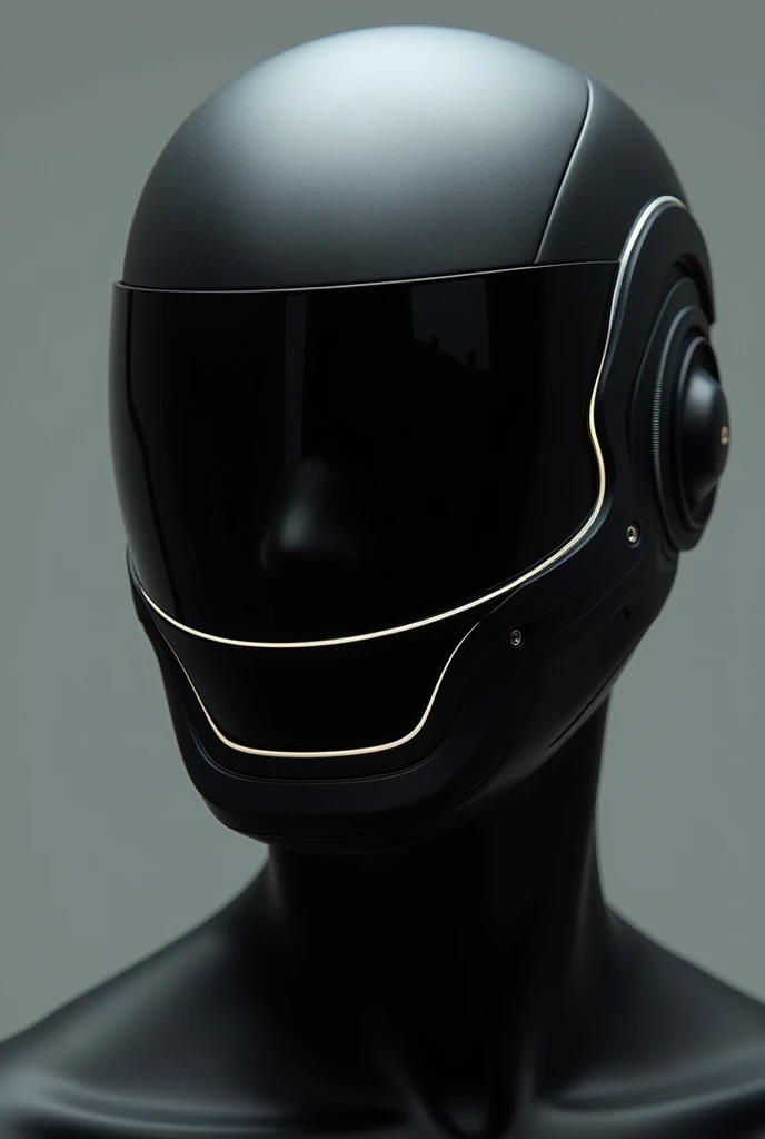 "A simple yet elegant futuristic techwear mask with a minimalist design. The helmet features smooth, clean lines and an automatically opening visor. The design emphasizes sophistication with a matte black finish, accented by subtle metallic or neon highlights. The overall look is modern, high-tech, and stylish, with a focus on elegance, use less visor like ironman helmet
