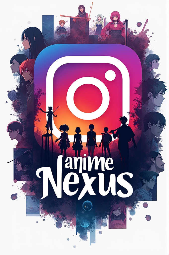 "Create an Instagram logo for an account named 'Anime Nexus.' The design should feature the official Instagram logo centered at the top, with the text 'Anime Nexus' positioned just below it in a bold, modern font. The background should include a dynamic collage of anime images or silhouettes, representing various popular anime characters and genres. The color scheme should be vibrant, using complementary colors like purple, pink, and blue to match the Instagram logo and give an energetic, cohesive look."