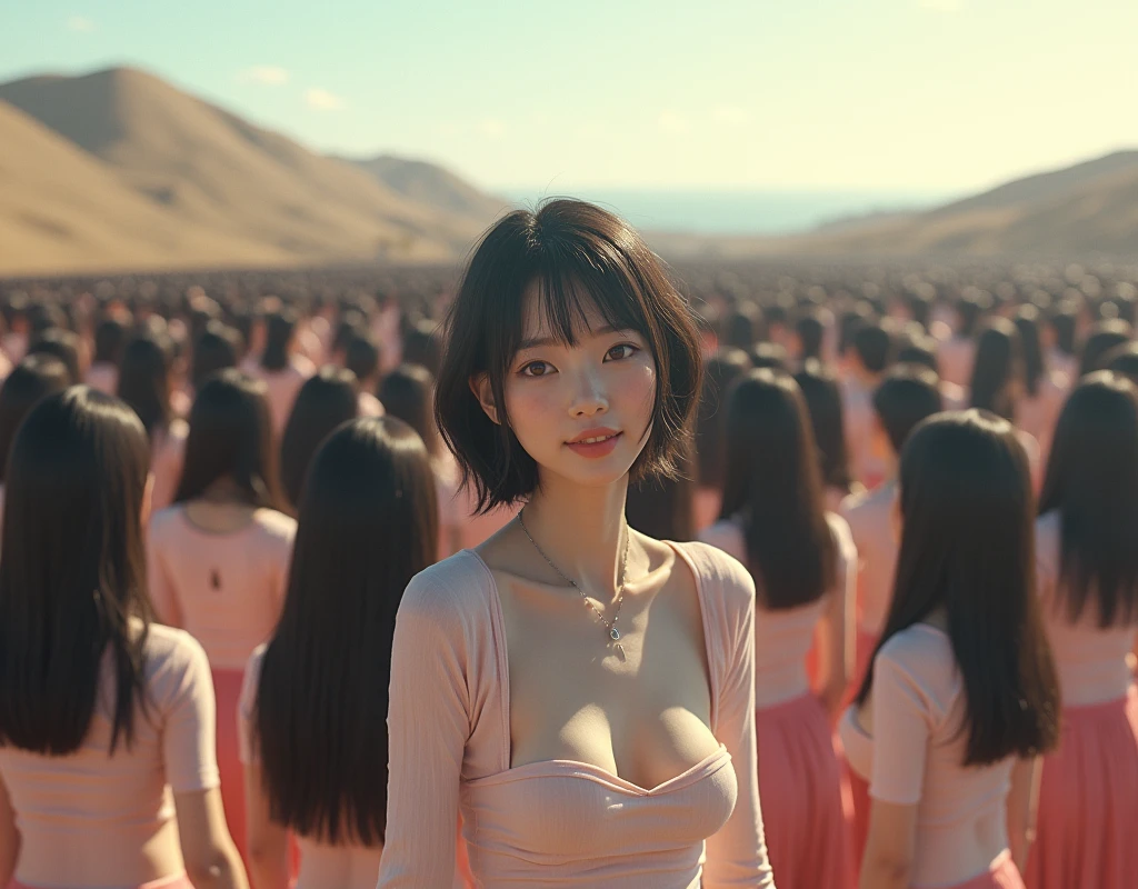 (((((Japanese Clone girls=Myself)))))), (((Best Super High quality Myself Clone girls Raw Photography Art))), (16K, Highest quality, Ultra-high resolution, RAW Photos), (((It&#39;s so unrealistic., With unparalleled depiction, With an unfathomable sight, An unprecedented and shocking worldview, Clone girls in a world of mass reproduction, Ultra-realistic))), (((Japanese, woman, 20yo, Saito-Asuka))), (Small face, ((Thick black hair, Semi-long hair))), ((V-neck short-sleeve dress)), (((((Very detailed美しい女体, Accurate body structure, Very detailed完璧な, Super busty body with very large breasts, Clearly emphasizes cleavage))))), (((Dark Eyes, Mature face, Cute Smile, A gentle gaze))), (((Her happy and smiling expression is so cute))), ((((((((Very detailed分身増殖描写, ((1girl→Myself cloning→1,000,000,000,000,000,000,000,000,000,000,000,000,000,000,000,000,000,000,000,000Myself Clone girls)))))))))), ((((((((Very detailed, The precise depiction of the proliferation of Myself Clone girls, ((With the perfectly identical bodies of Myself clone girls, With the exact same face as the Myself clone girls, With the exact same hairstyle as the Myself clone girls, In the exact same clothes as the girls who are my clones, Perfectly the same height as the Myself clone girls, Super big breasts, just like the Myself clone girls)))))))))), (((Myself clone girls only))), (((Multiple pairs, Very detailed depiction, (Myself clone girls hug each other, Myself clone girls assemble, Fun conversations with fellow Myself clone girls, A fun conversation between Myself clone girls, Myself clone girls holding hands, Walking with lots of Myself clone girls)))), (((Everyone looks at the camera))), (((Unbelievably crowded, Transcendent Myself clone girls intimately, Countless Myself clone girls surround you in 360 degrees))), (Bright, soft sunlight), (((Very wide field of view, Very detailed, Detailed ultra-perspective depiction with clear depth, super wide top view))), (((((Where there is a curved slope))))), (((Very photographic and detailed depiction, Myself clone girls will multiply infinitely and fill the surroundings from one side to the horizon with their bodies tightly packed together without any gaps., A scene of endless Myself clone girls and a fun atmosphere))), (Focus on the average value of the image)