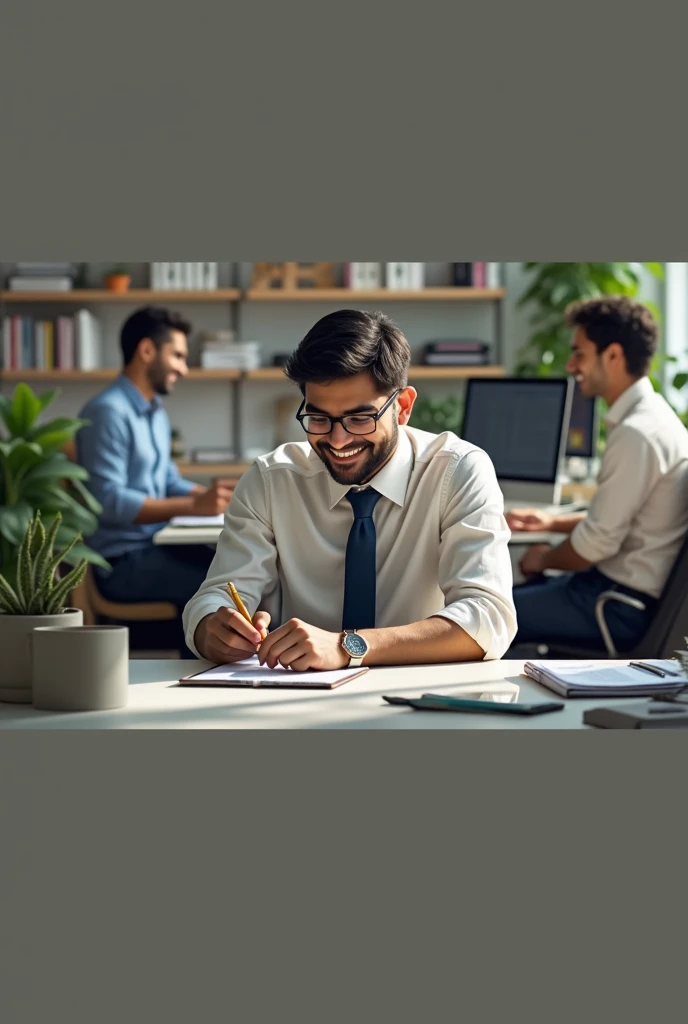 Vijay's business gradually growing, showing a bustling office, happy employees, and a busy storefront with customers.