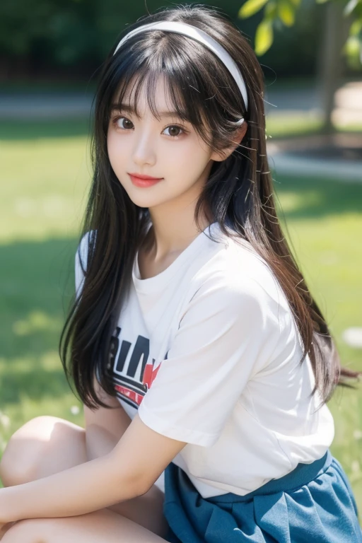 (SFW: 1.4)), ((Detailed face, professional photography)), ((SFW, headband, t-shirt, ruffled skirt, 1 girl)), super high resolution, (actual : 1.4), Original photo, Best quality, (Photo actual Stick), Focus, Soft light, (()), ((Japanese)), (( (Young face))), (Surface ), (depth of field), masterpiece, (actual), lady, bangs, ((1 girl)) logo hair with smile face full body pant sitting on gaming chear on queen dress