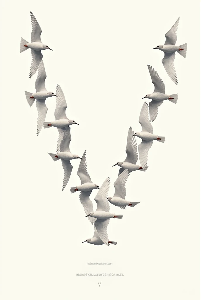 Draw a group of birds flying together in the same direction, forming a clear V-shaped formation.
Make sure that all the birds are facing the same way, with their wings positioned similarly to emphasize movement.Below or beside the drawing, include a simple caption: "The Gestalt law of common fate suggests that elements moving in the same direction are perceived as a group. Just like these birds flying together, our minds naturally group things that share a common movement."
You could also add a smaller, contrasting image showing birds scattered in different directions to highlight how they are not perceived as a group.