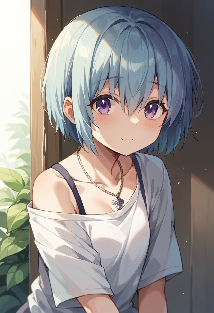 Light blue hair female high schoolese、Berry Short、mash、Bobcut、cute、Icon Style、piece、necklace